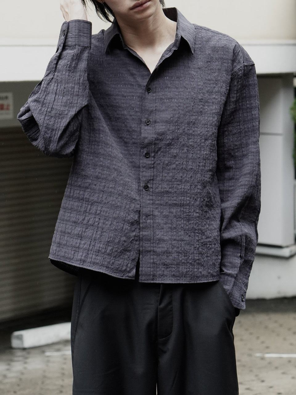 東京店WEB限定受注制【Chikashitsu +】cropped check sheer shirt