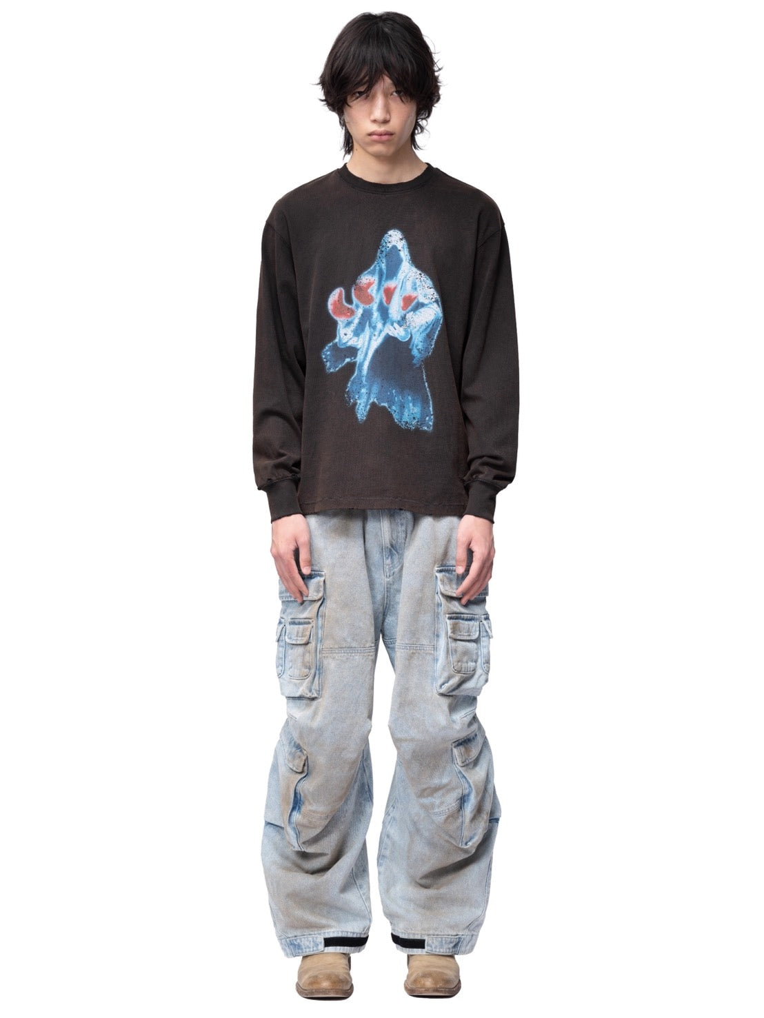 The Boy Has No Patience】Two-Color Printed Long Sleeves (Washed +