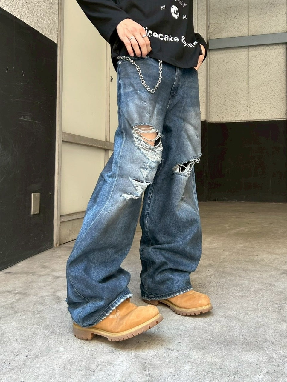 受注制【Chikashitsu +】oiled wash destroy denim pants