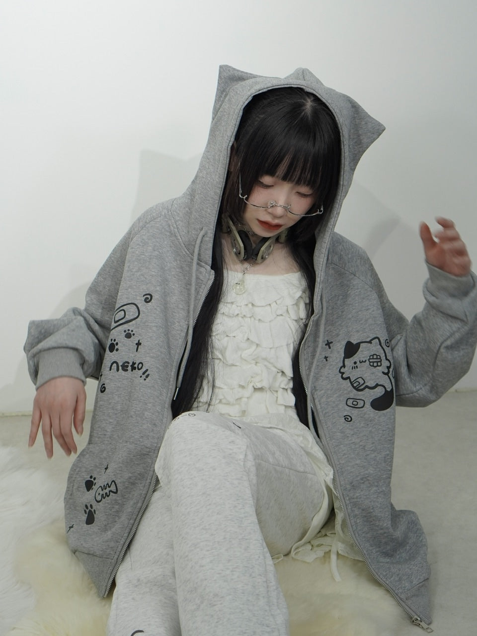 国際配送【Nerd out XU】neko!! Zip hoodie (2color) / 【ナードアウト
