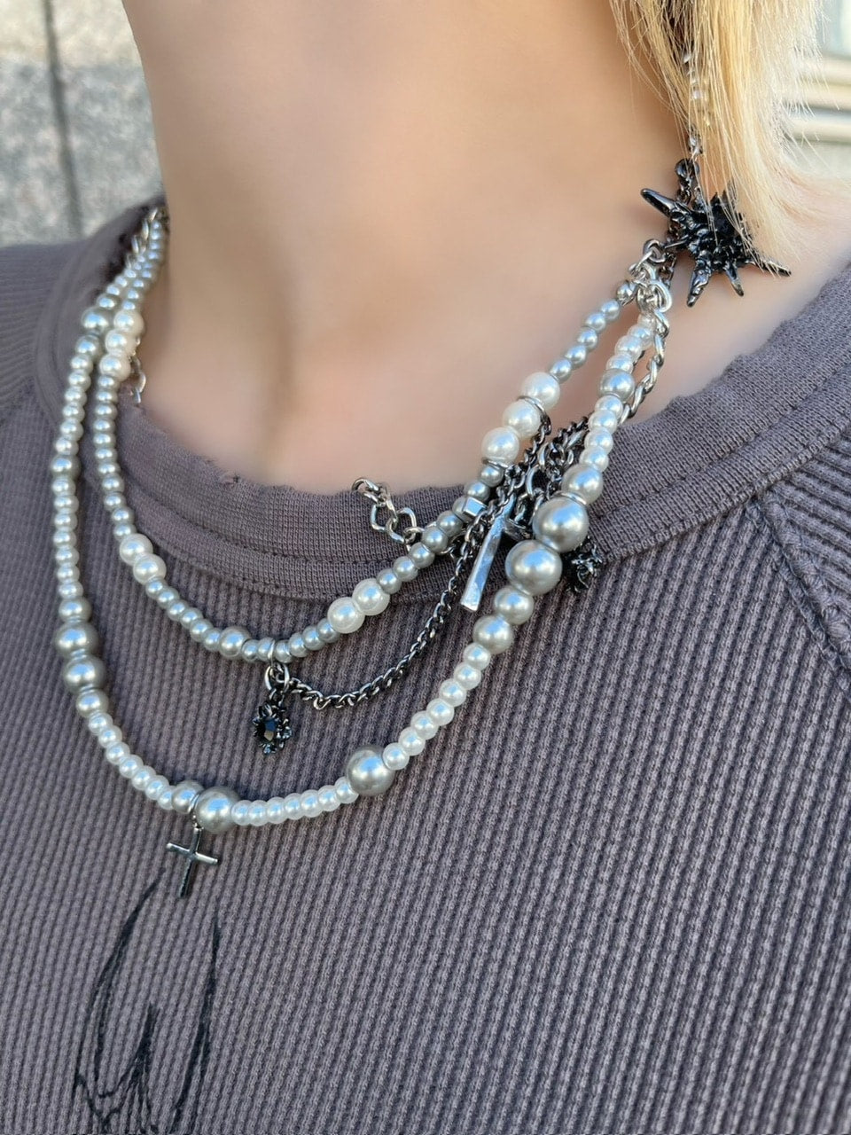 Never mind the XU】cross pearl chain necklace / 【ネバーマインドザ