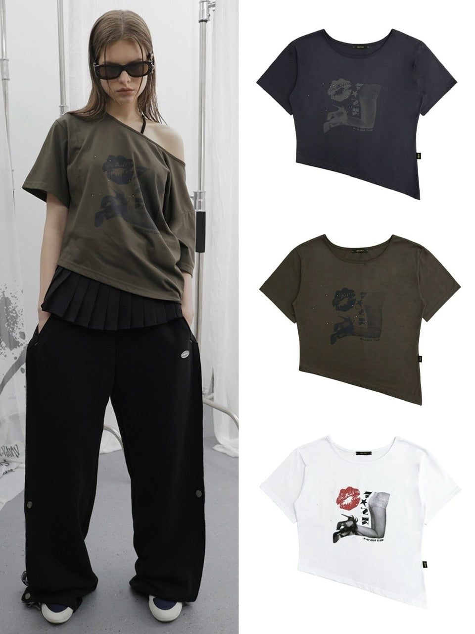 HOLY NUMBER 7】OFF-SHOULDER PUNK GRAPHICS SHORT-SLEEVED T-SHIRT