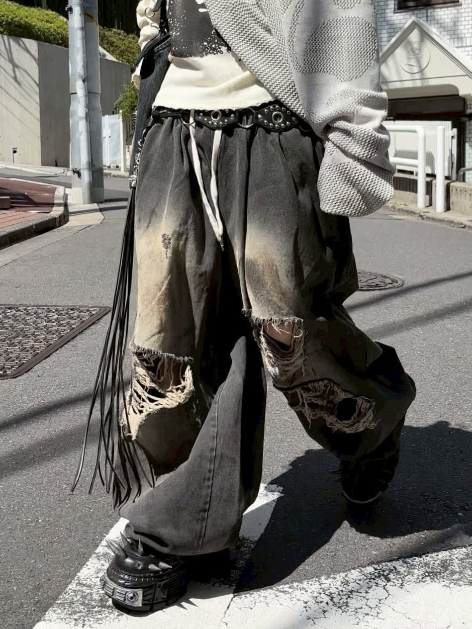 受注制【Never mind the XU】balloon damage denim pants – PRESSING