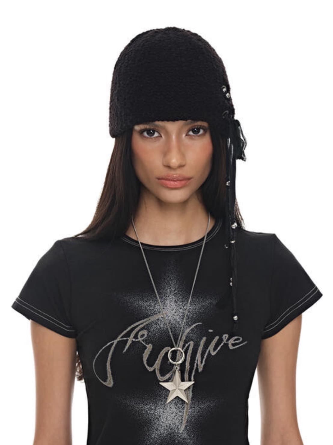 BLACK PURPLE】Curly Custom Eyelet Beanie / 【ブラックパープル