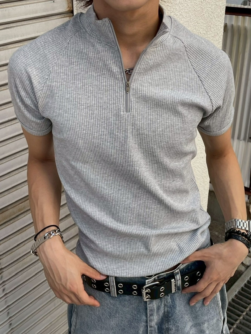 H　トップス 受注制【Chikashitsu +】mockneck zip half sleeve t-shirt – PRESSING