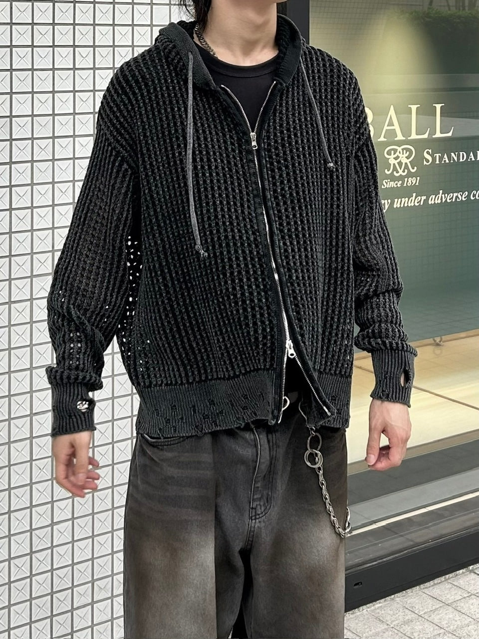 大阪店WEB限定受注制【Chikashitsu +】mesh zip damage hoodie (2color