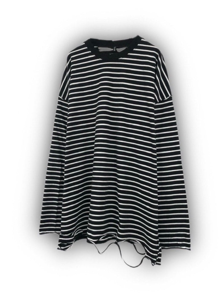 受注制【Never mind the XU】stripe damage long sleeve tee