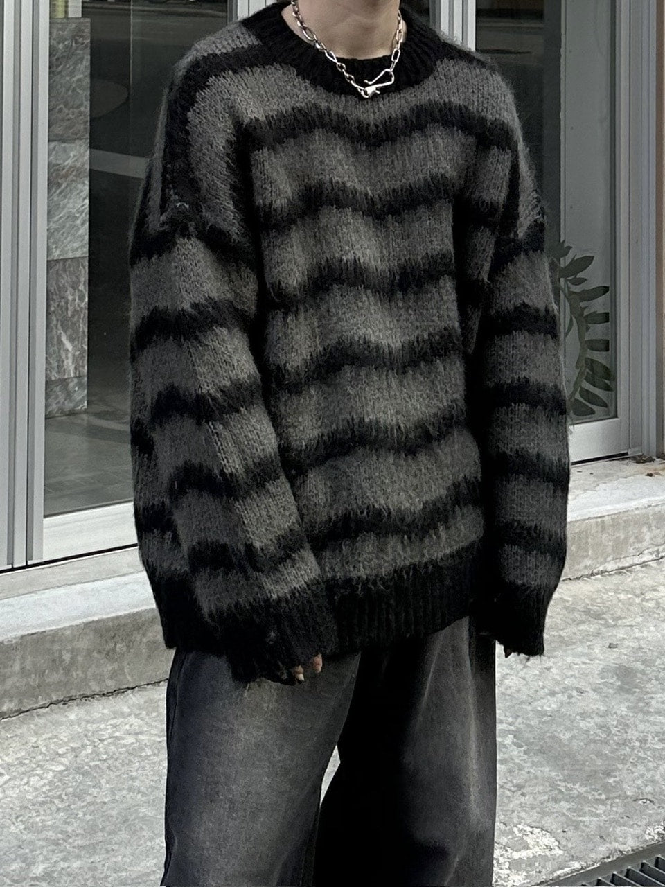 大阪店WEB限定受注制【Chikashitsu +】oversized wave border knit