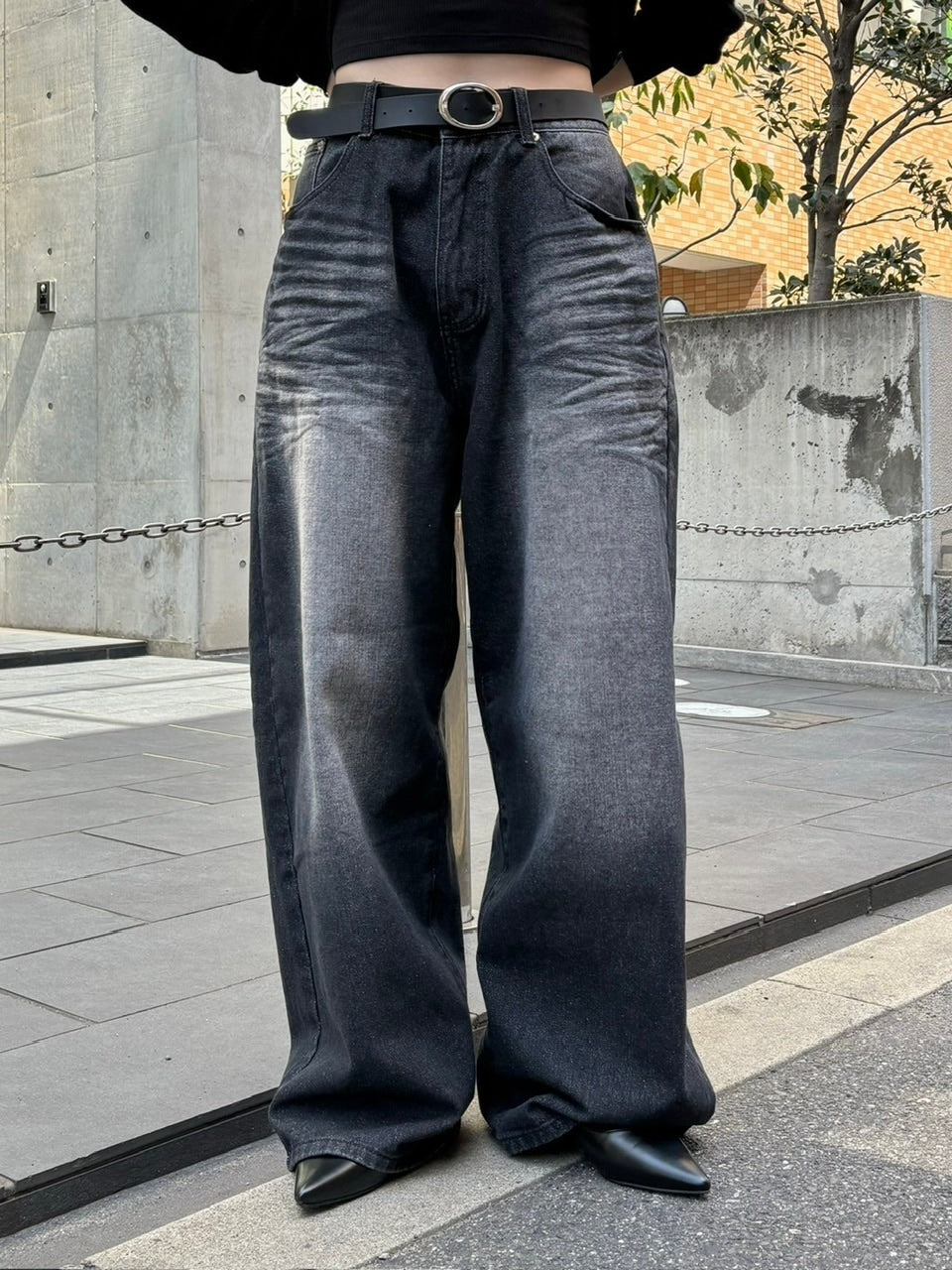 Chikashitsu +】design washing wide denim pants (2color