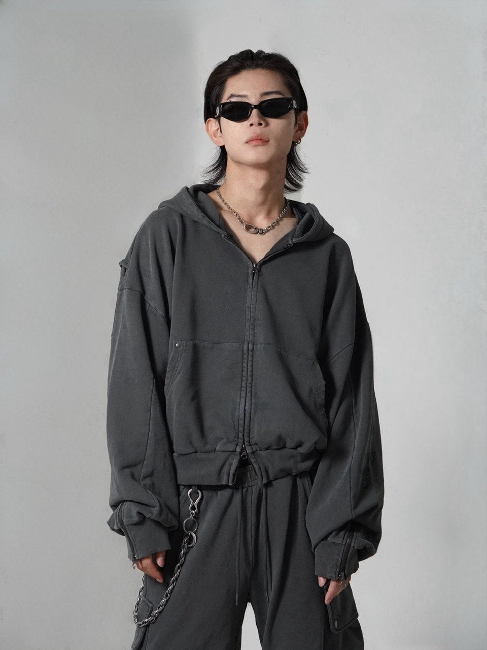 CHIKASHITSU PLUS HIGH】cropped dirty wash double zip hoodie