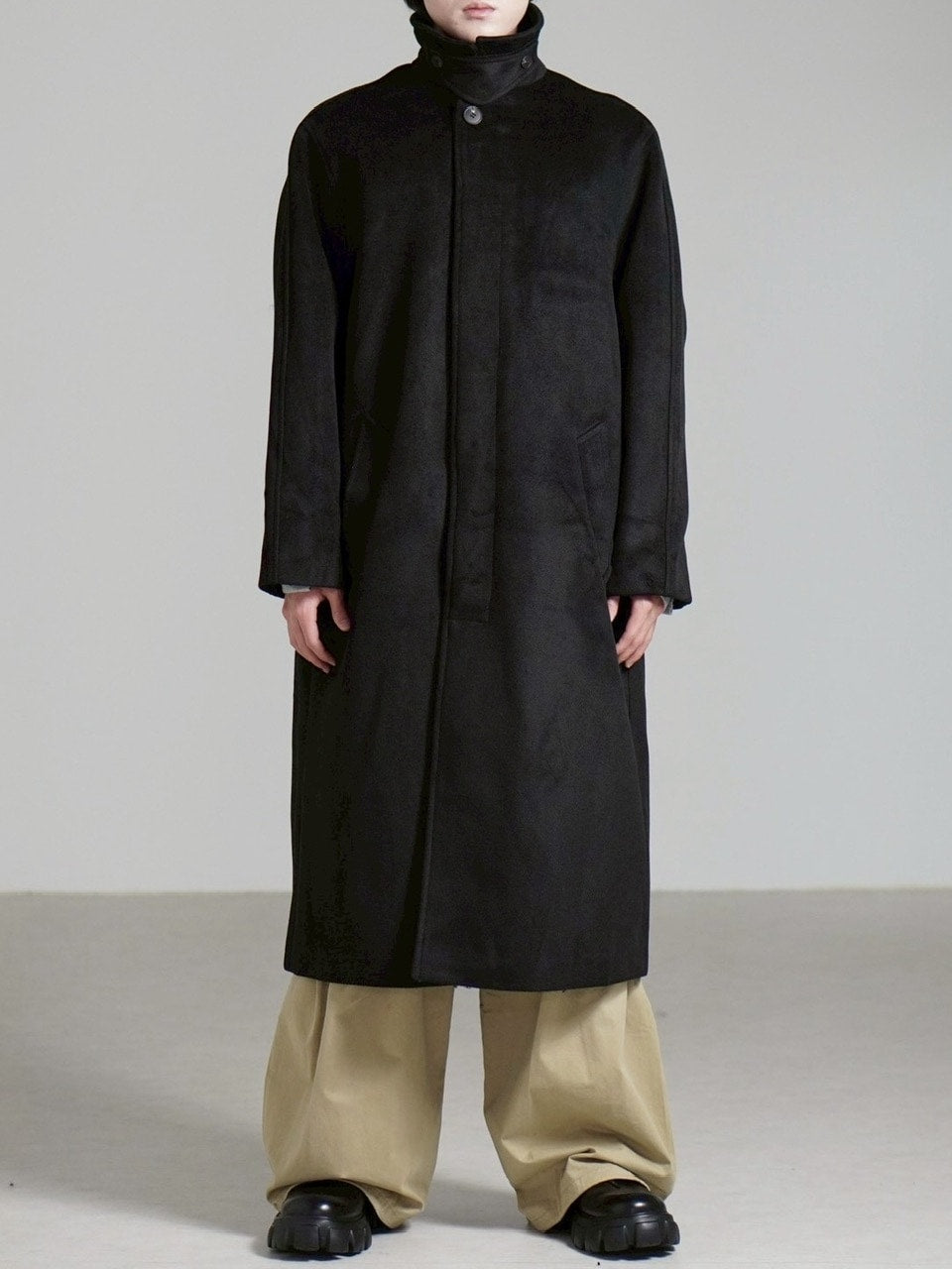 受注制【Chikashitsu +】high neck wool blend long coat (2color