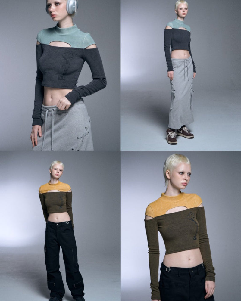 【SETUP‐EXE】TWO-TONE SLEEVE SLIT CROP TOP