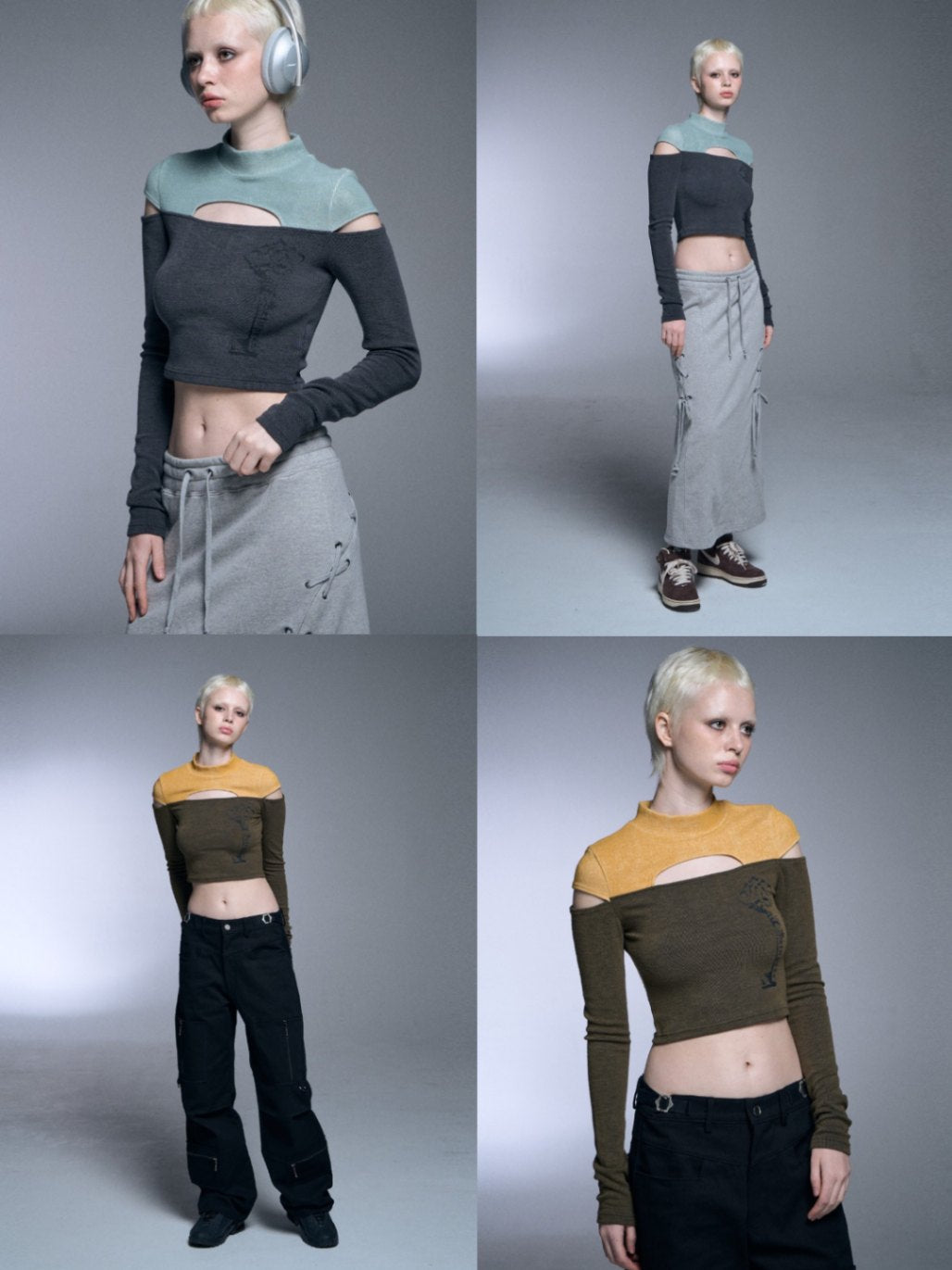 【SETUP‐EXE】TWO-TONE SLEEVE SLIT CROP TOP