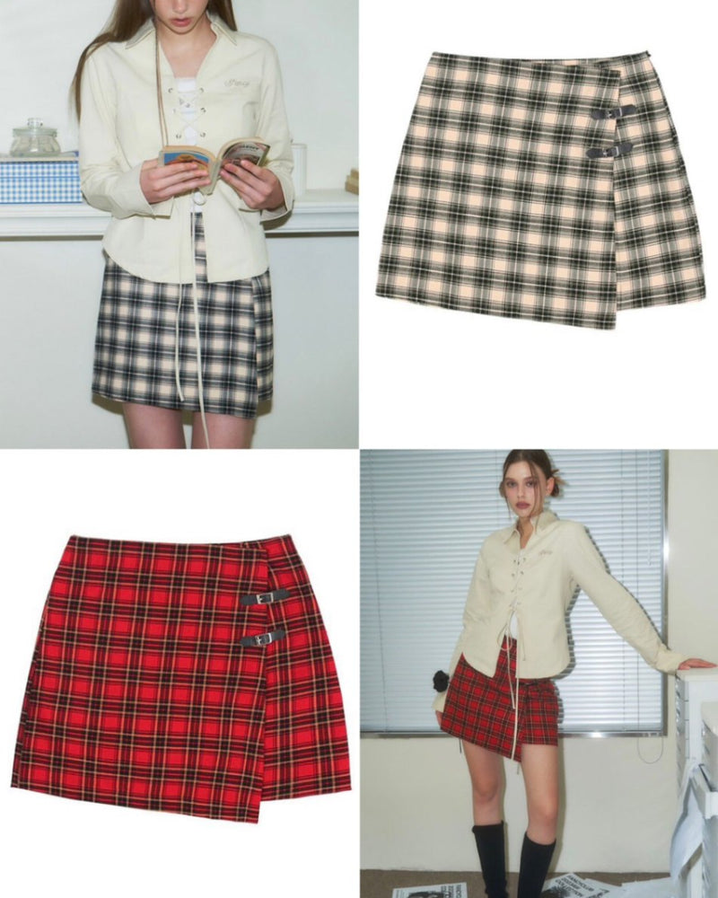 【FANCY CLUB】CHECK BUCKLE WRAP SKIRT