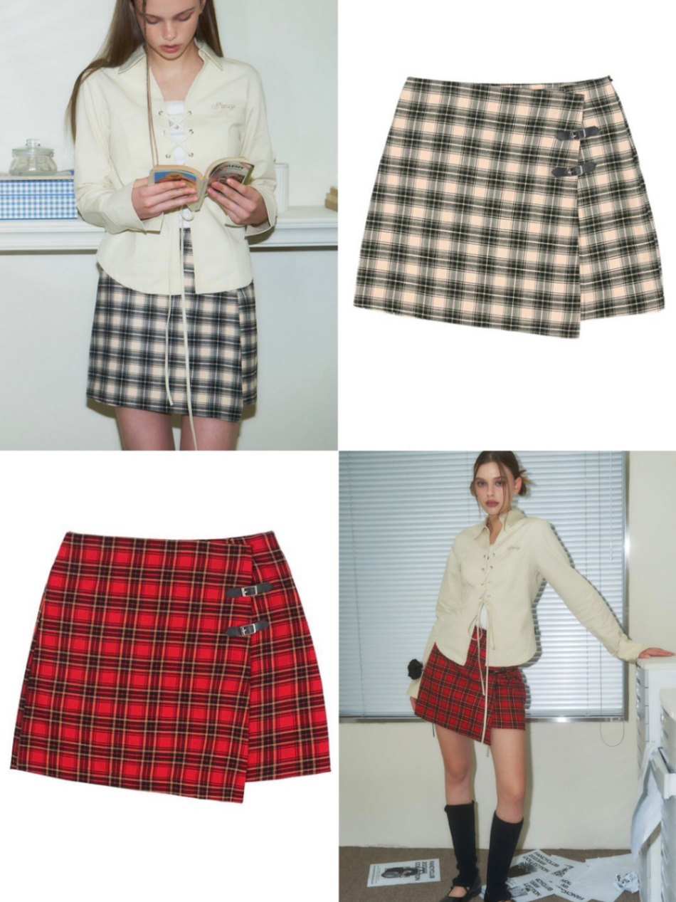 【FANCY CLUB】CHECK BUCKLE WRAP SKIRT / 【ファンシークラブ】チェックバックルラップミニスカート