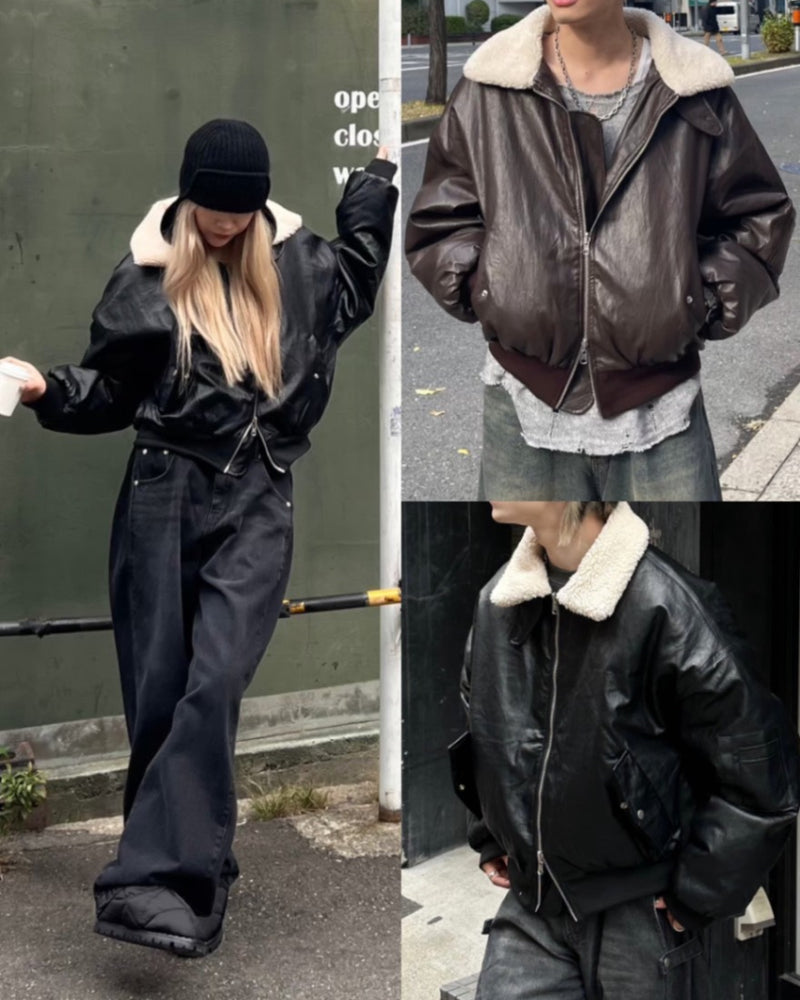 【Chikashitsu +】leather bomber mustang jacket (2color)