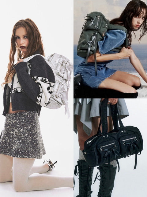 【NOT KNOWING】Double Ribbon Cargo Duffle Bag
