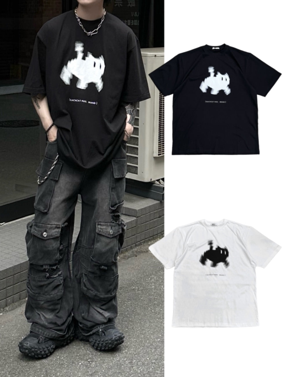 大阪店WEB限定【Chikashitsu +】oversized pixel cats t-shirt (2color)