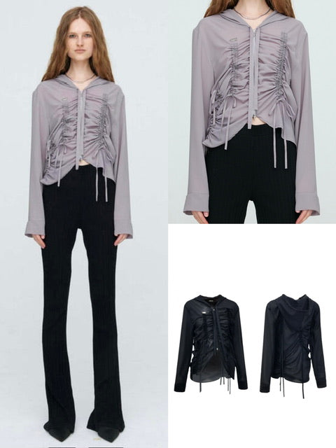 【NACHE】SHIRRING CHIFFON HOODIE ZIP-UP