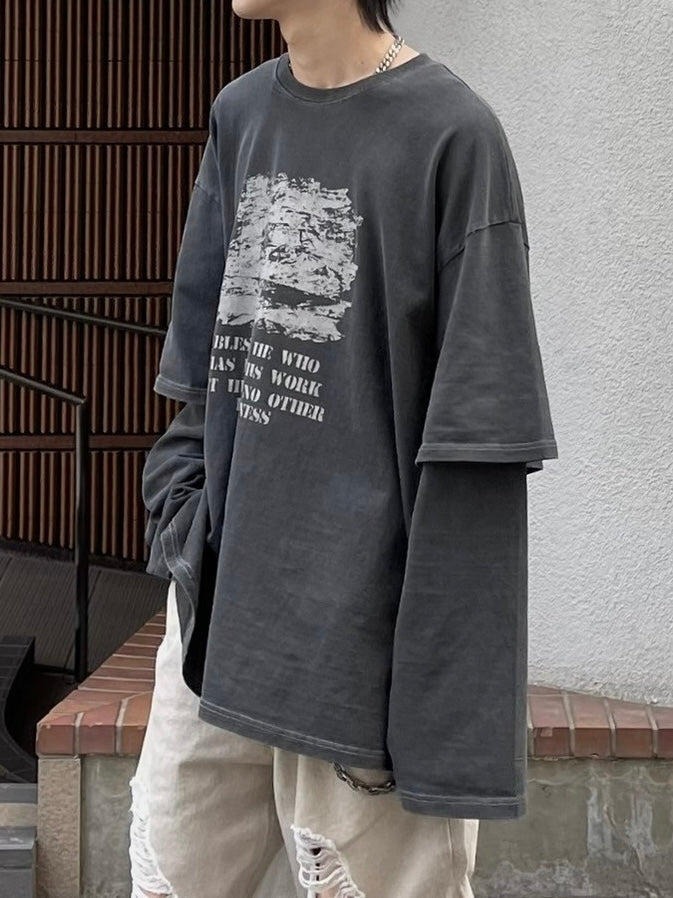 【Chikashitsu +】layered graphic long sleeve (2color) / 【チカシツプラス】レイヤードグラフィックプリント長袖Tシャツ