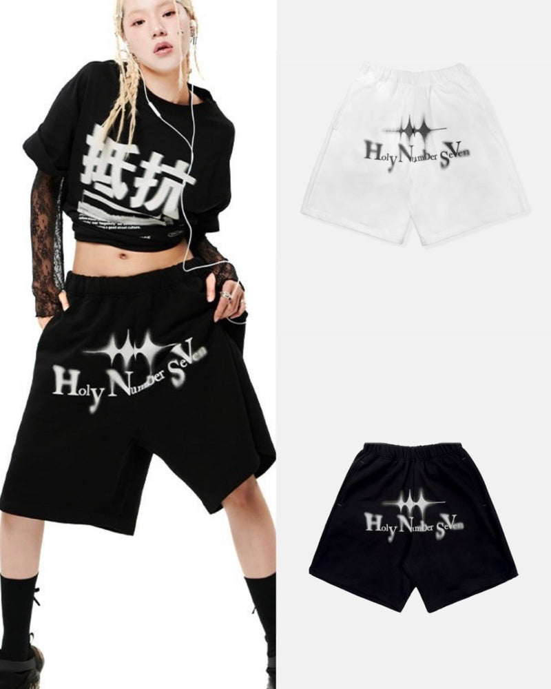 【HOLY NUMBER 7】Oversized Hip Hop WIDE fit Graphics SHORT PANTS