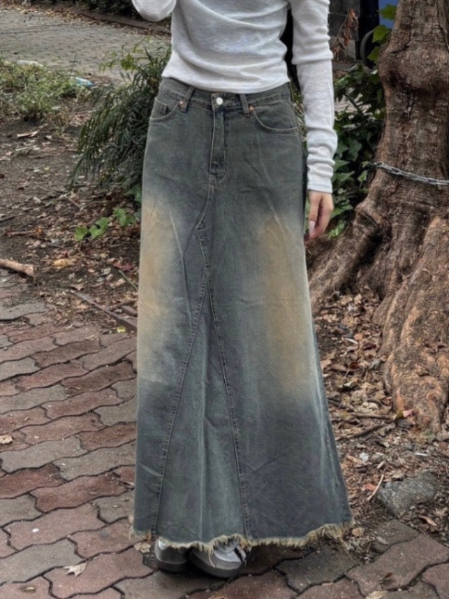 受注制【OaKS】vintage wash denim maxi skirt (2color)
