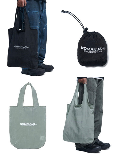 【NOMANUAL】PACKABLE NYLON ECO BAG / 【ノーマニュアル】パッカブルナイロンロゴプリントエコバッグトートバッグ