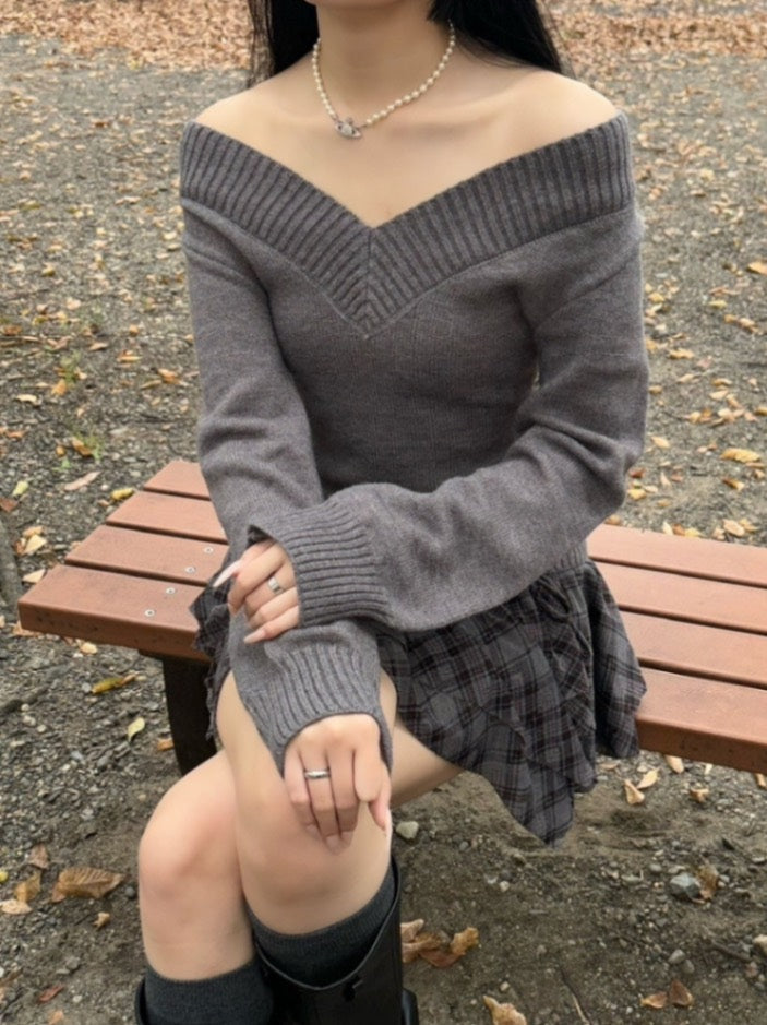 受注制【OaKS】vneck offshoulder knit (3color)