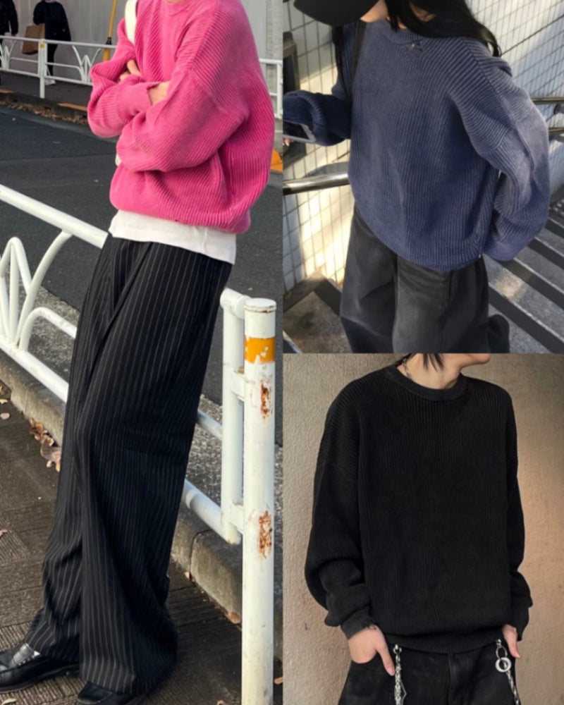 【Chikashitsu +】vintage wash damage knit (3color)