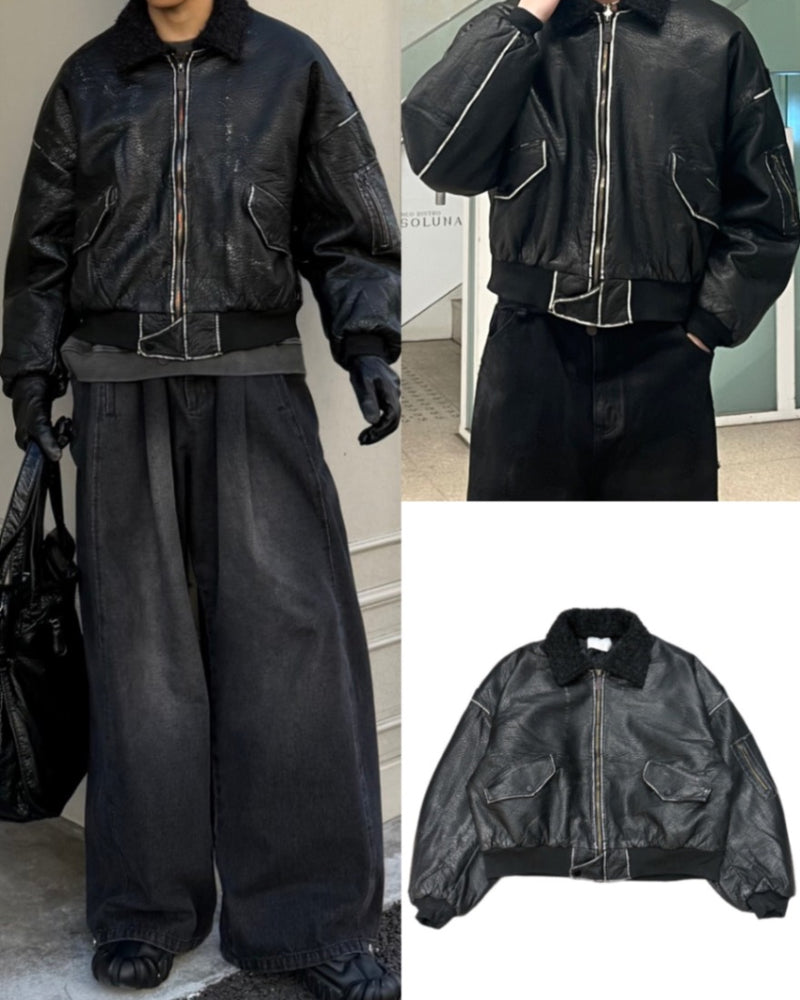 【Chikashitsu +】cropped shearing leather bomber jacket
