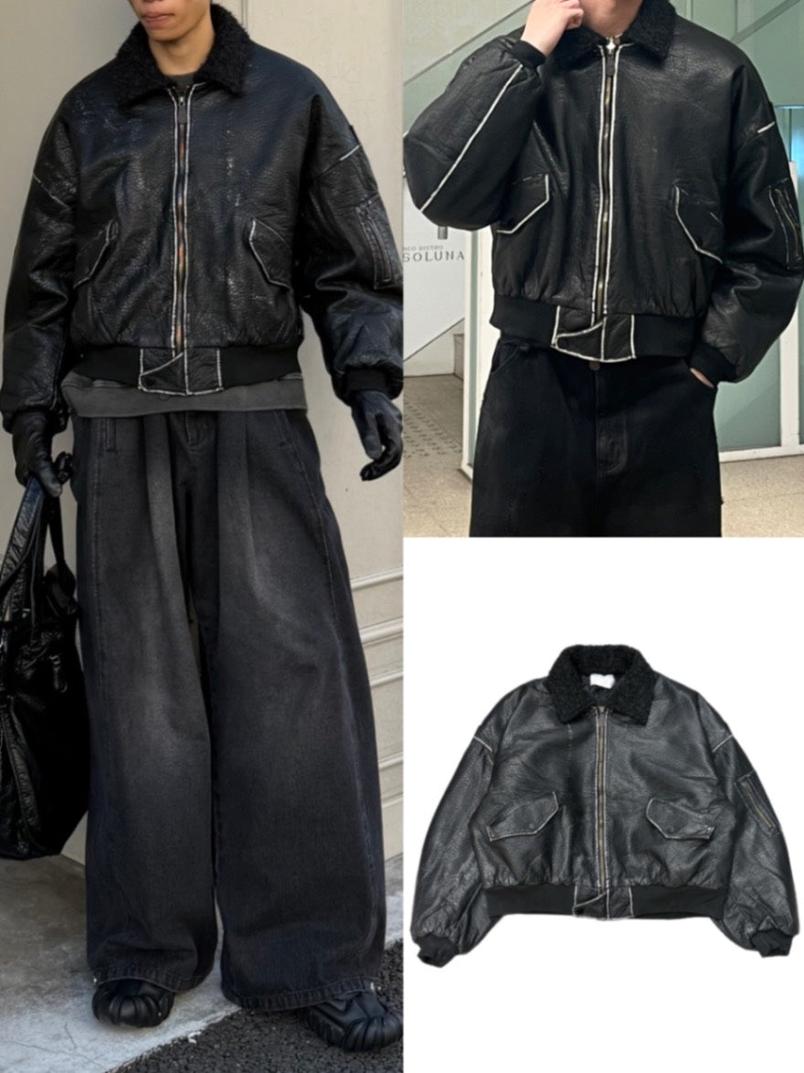 【Chikashitsu +】cropped shearing leather bomber jacket