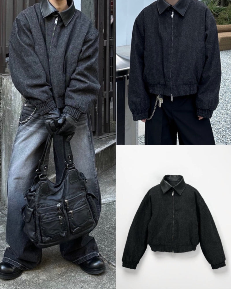 大阪店WEB限定【Chikashitsu +】cropped leather collar denim jacket