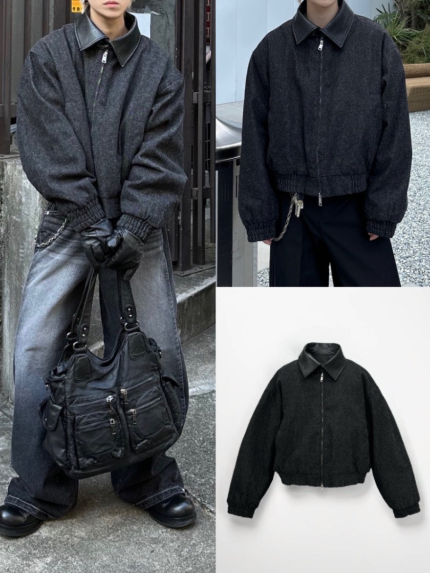 大阪店WEB限定【Chikashitsu +】cropped leather collar denim jacket