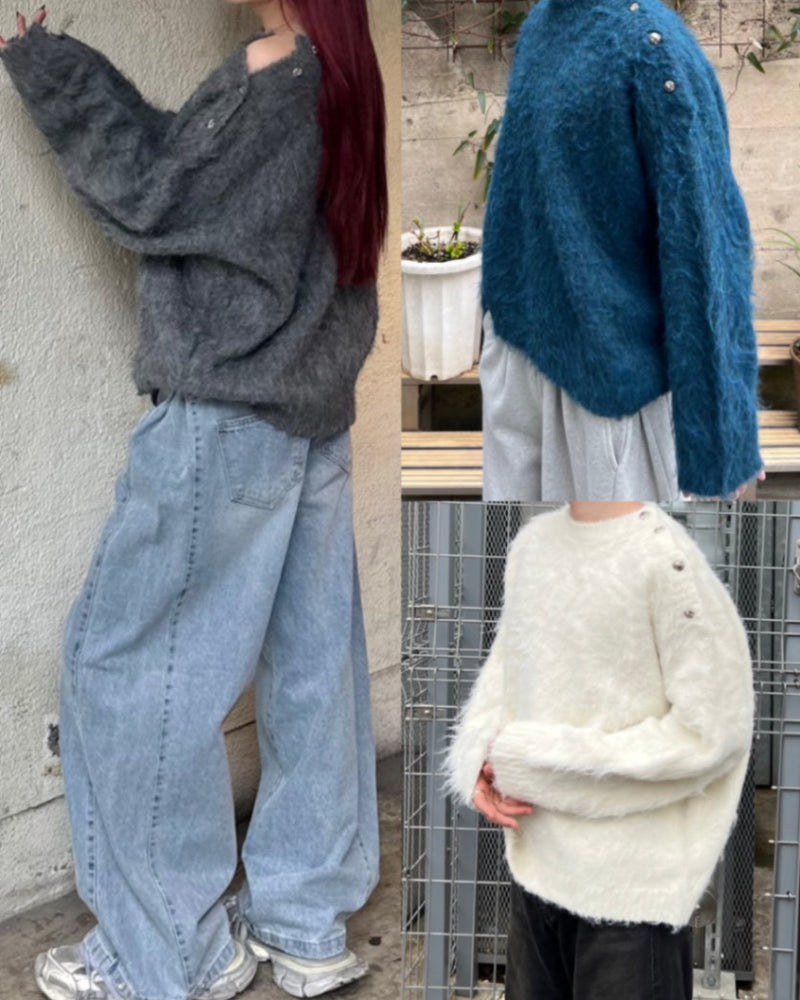 【Chikashitsu +】half off shoulder button knit (3color)