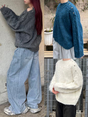 【Chikashitsu +】half off shoulder button knit (3color)