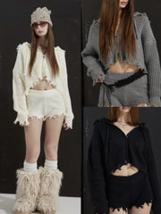 【GATELESS】RIB KNIT ZIP-UP HOODIE