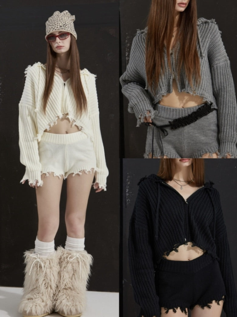 【GATELESS】RIB KNIT ZIP-UP HOODIE