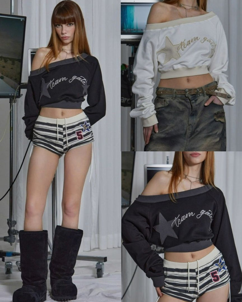 【GATELESS】OFF SHOULDER CROPPED SWEAT SHIRT