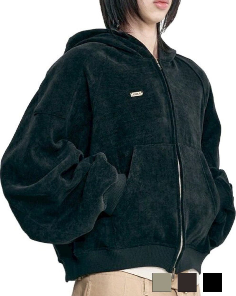 【AJOBYAJO】Corduroy Short Zip-Up Hoodie
