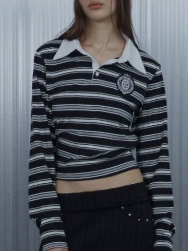 【SETUP‐EXE】STRIPE WAPPEN POLO TOP / 【セットアップエグゼ】ストライプワッペン長袖ポロシャツ