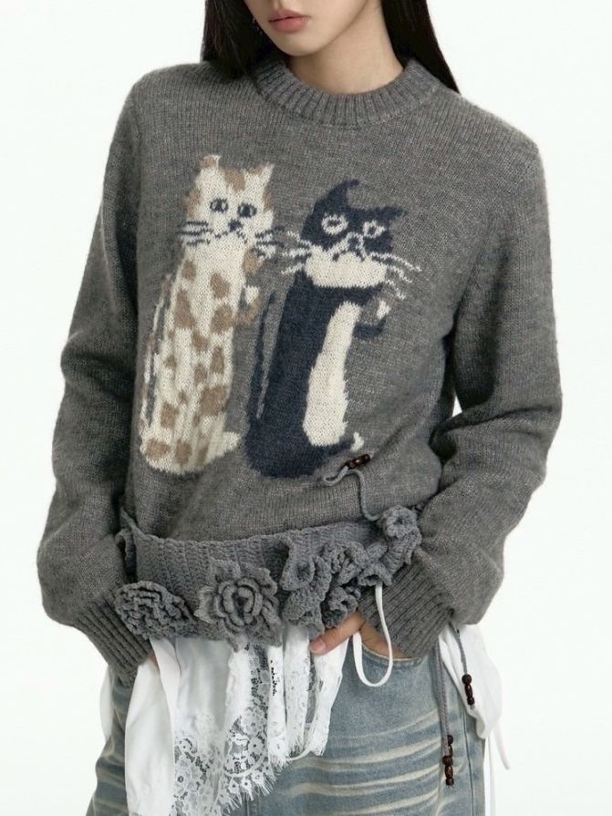 【TGNS】Cat Crew Neck Sweater / 【ツーガンズ】キャットデザインクルーネックニット