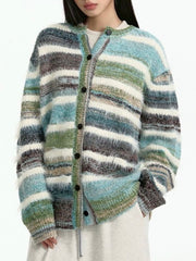 【TGNS】Gradient Terry Faux Mink Striped Cardigan Sweater / 【ツーガンズ】マルチカラーボーダーニットカーディガン