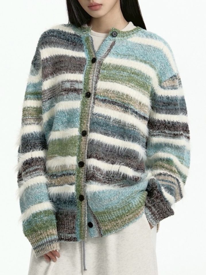 【TGNS】Gradient Terry Faux Mink Striped Cardigan Sweater / 【ツーガンズ】マルチカラーボーダーニットカーディガン