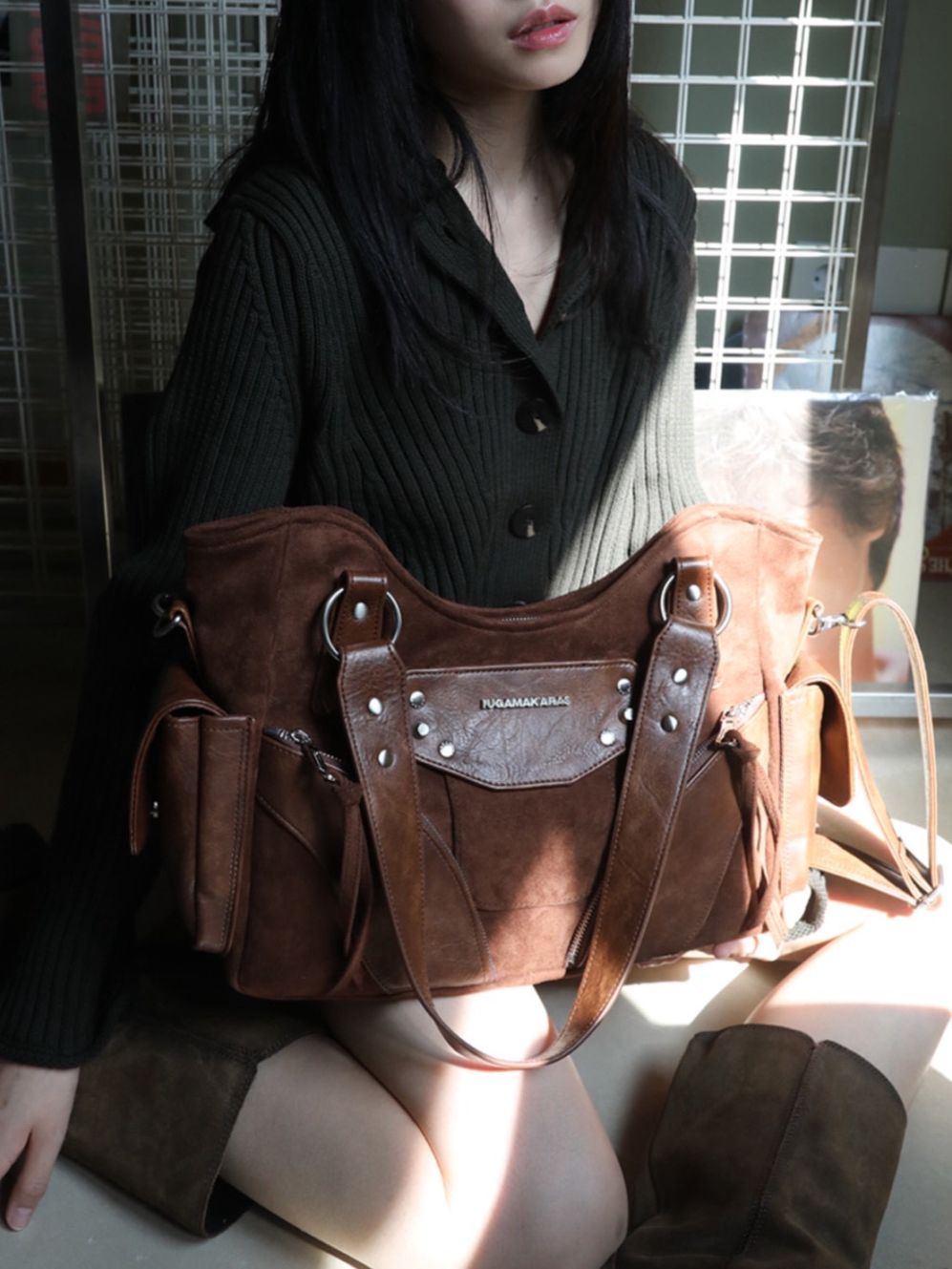【IUGAMAKARAS】Studded Suede Shoulder Bag