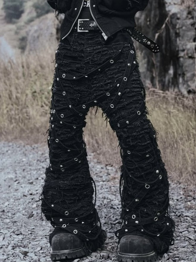 2/28 20:00 発売【UNIZ】Chainwrape Pants / 【ユニズ】アイレットチェーンデニムフレアパンツ