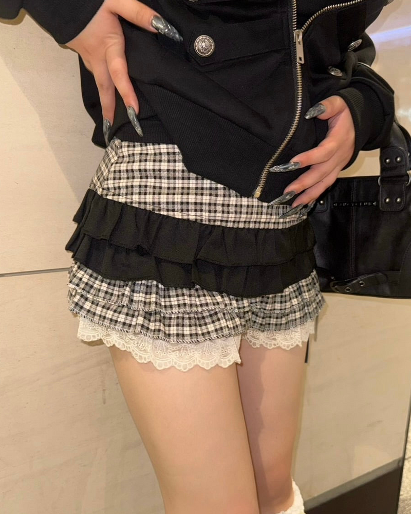 大阪店 WEB限定 受注制【Never mind the XU】Doll Check Layered Skirt