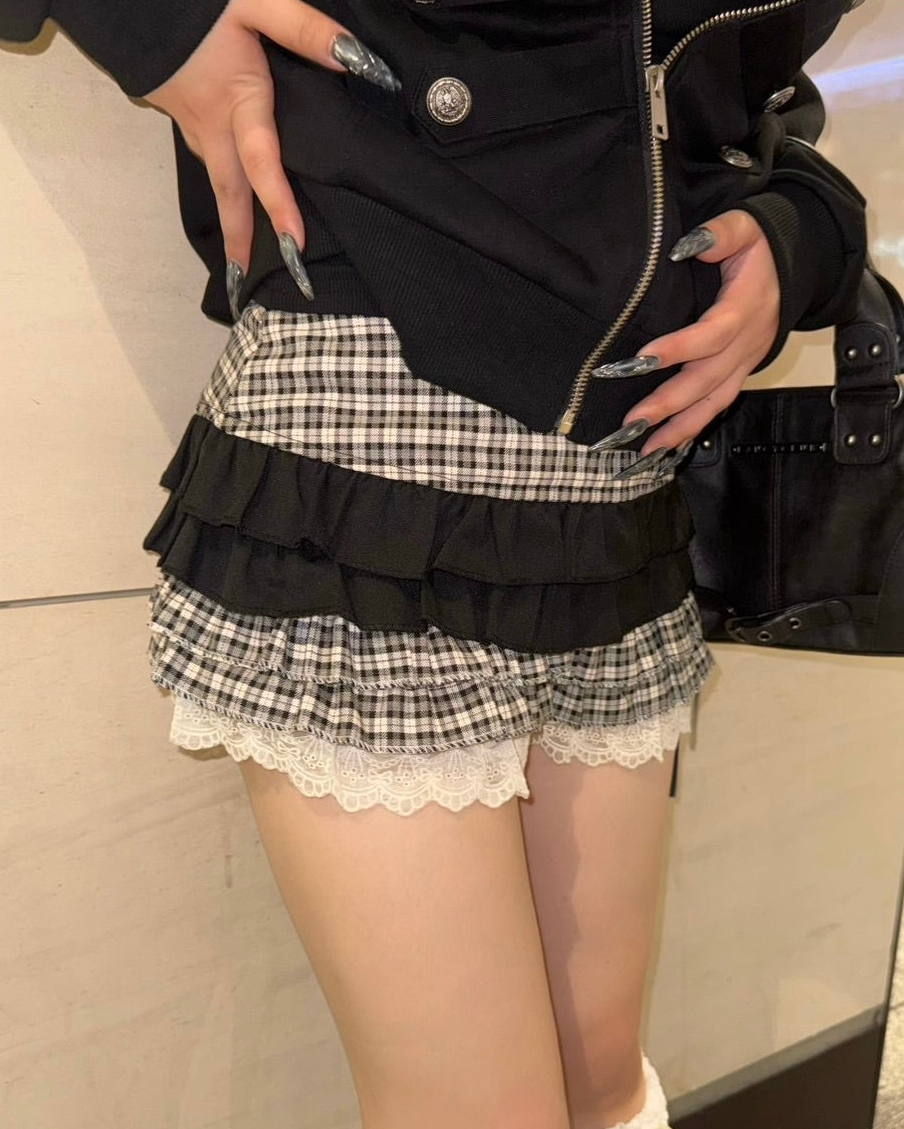 大阪店 WEB限定 受注制【Never mind the XU】Doll Check Layered Skirt