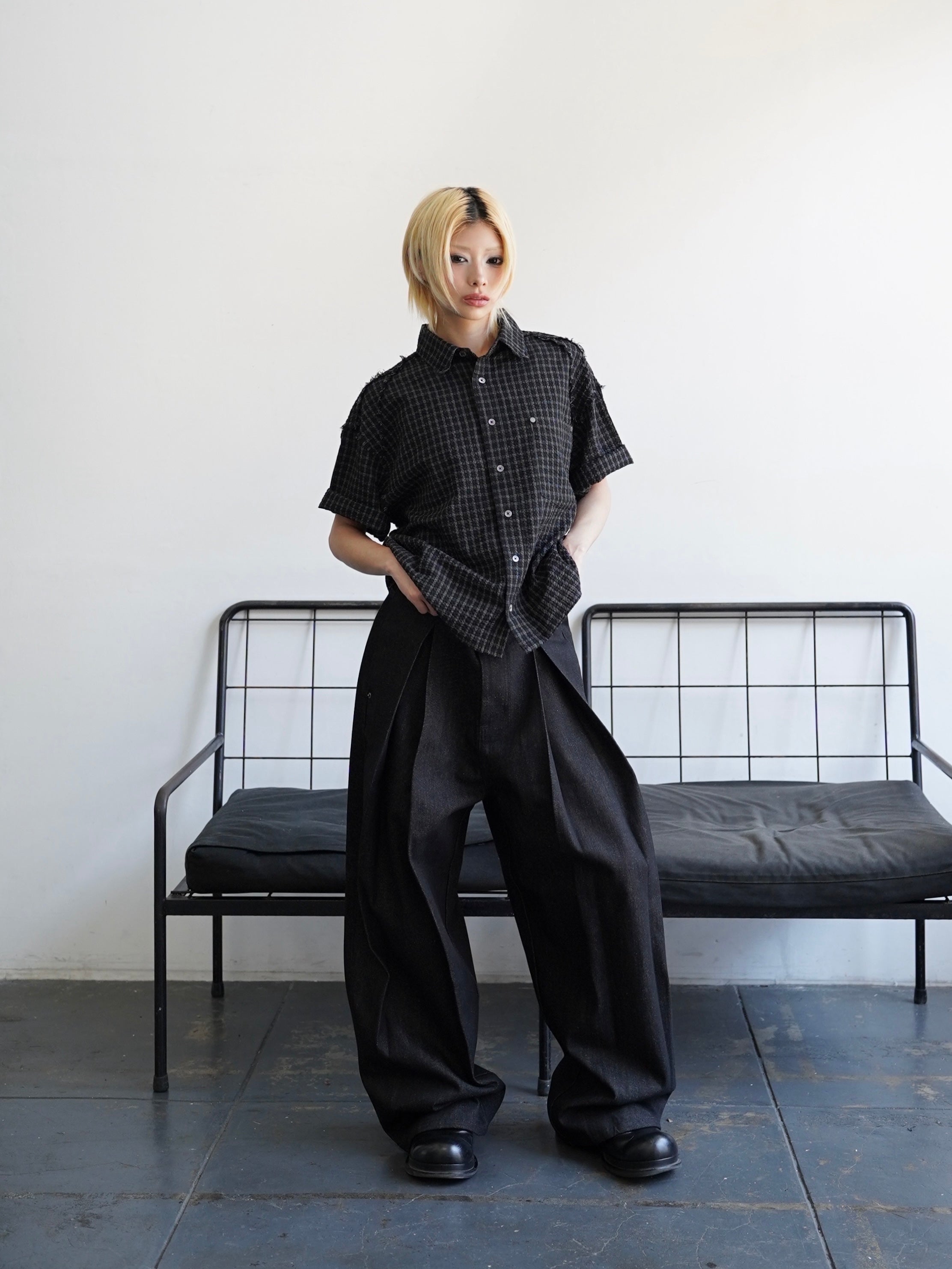 5/23 20:00発売【CHIKASHITSU PLUS HIGH】Raw edge seersucker check shirt