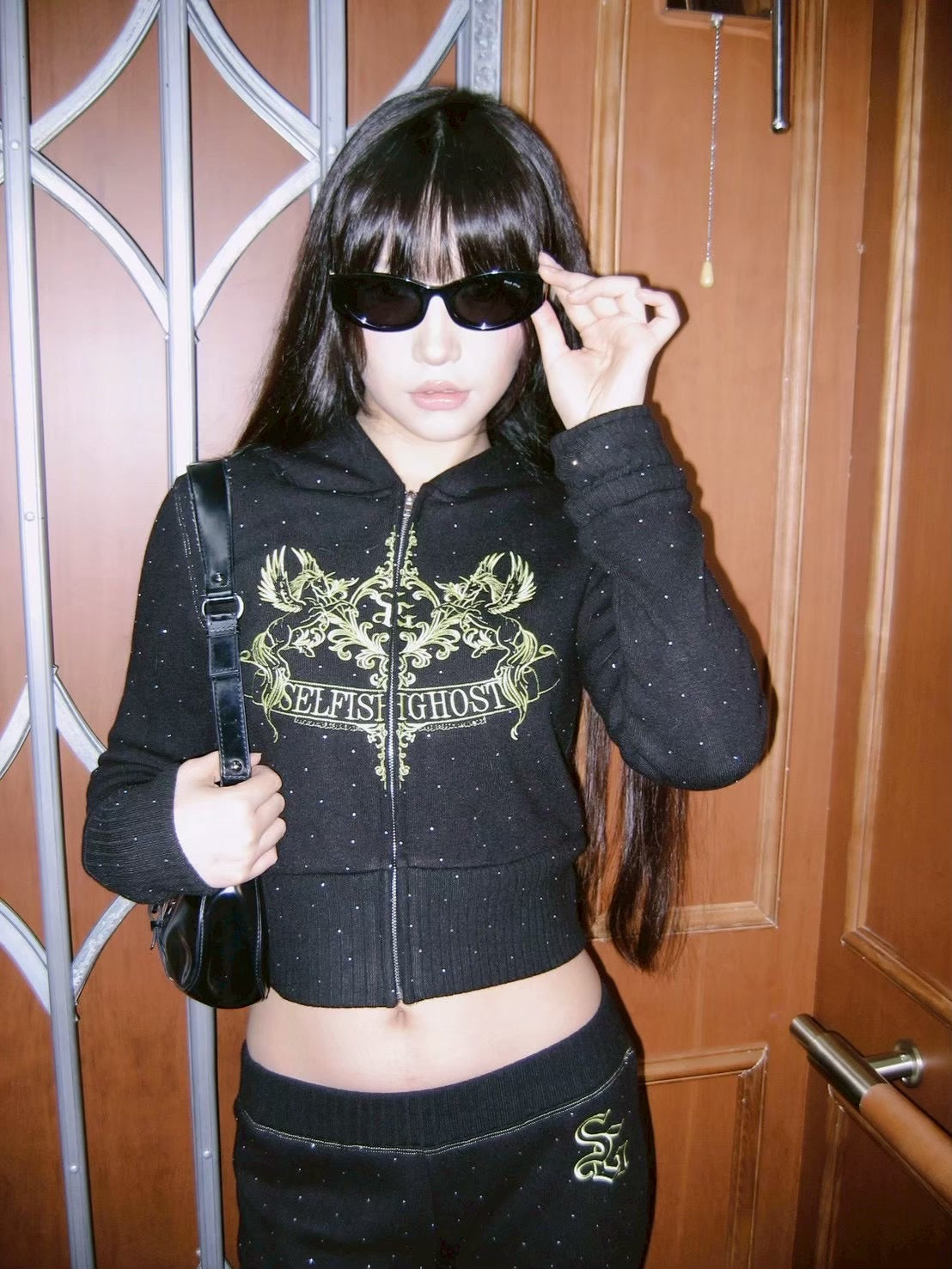 【SelfishGhost】Embroidered knitted silver fox fur-like plush tracksuit zip-up