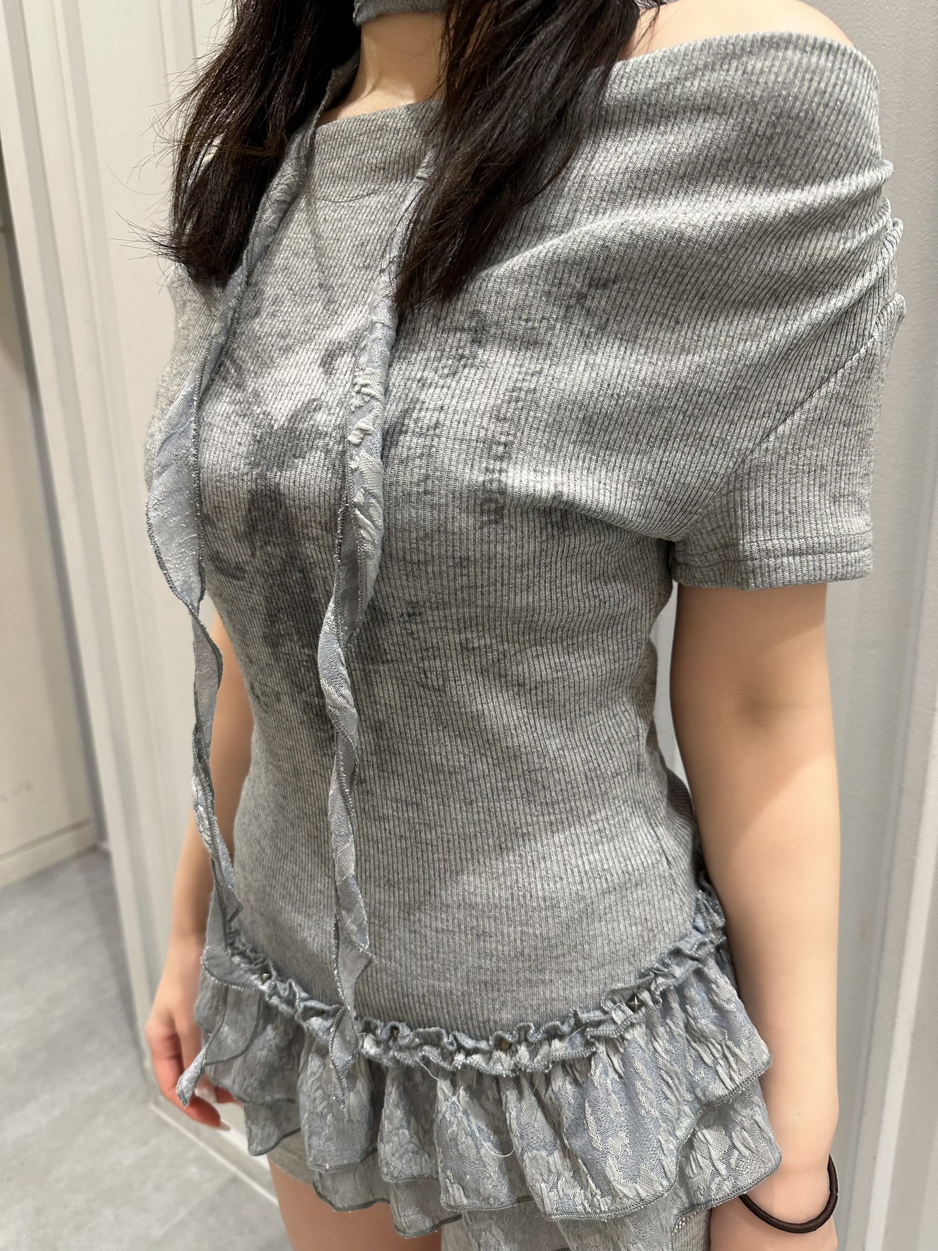 受注制【nmtc+】Drape Neck Frill Tee Scarf Set (3color)